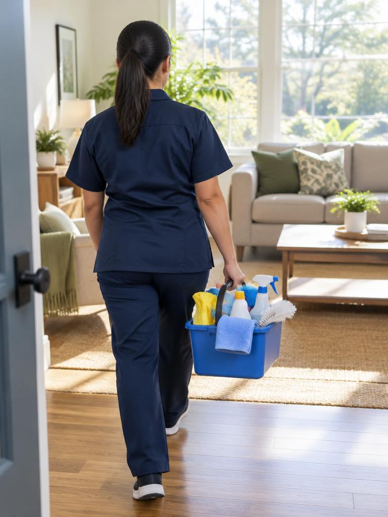 Cleaner carrying a supply caddy into a living room