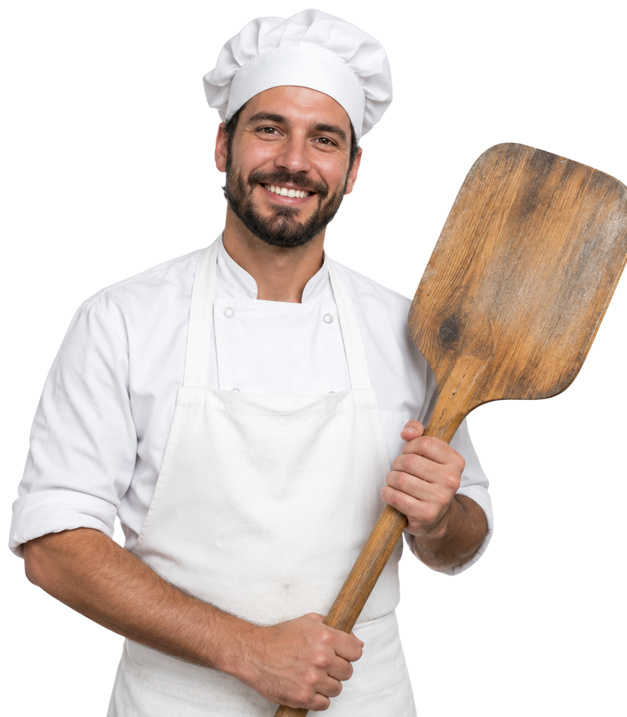 Smiling chef holding a pizza peel