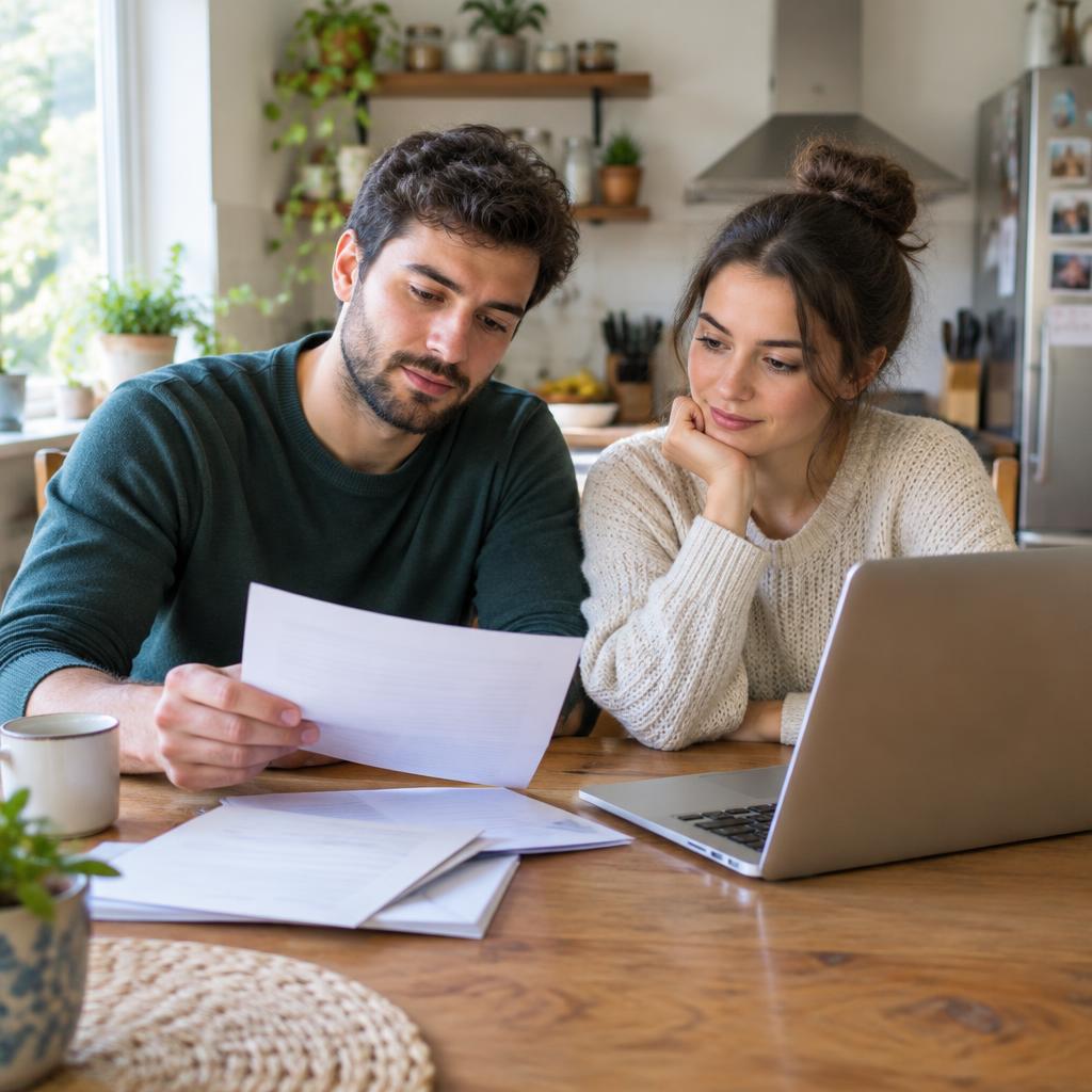 Couple reviewing loan documents at their kitchen table