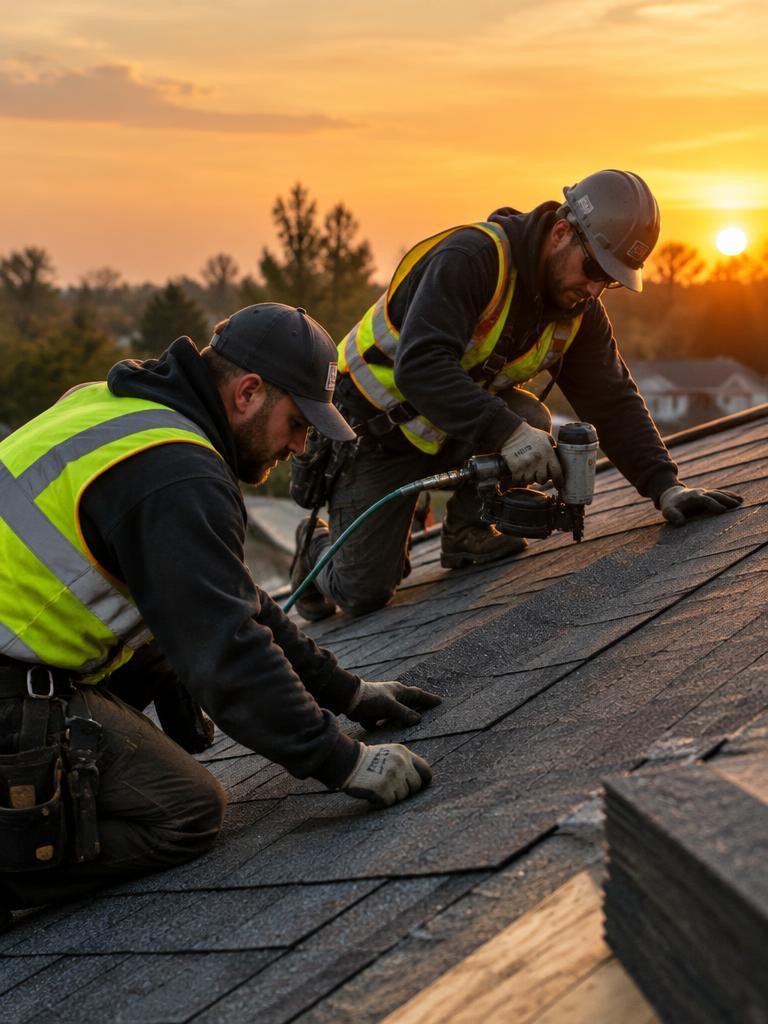 Two roofers laying shingles at sunset