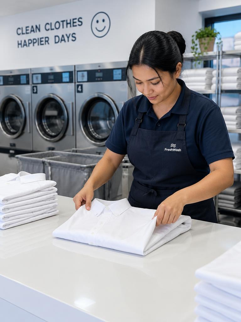 Staff member folding white shirts