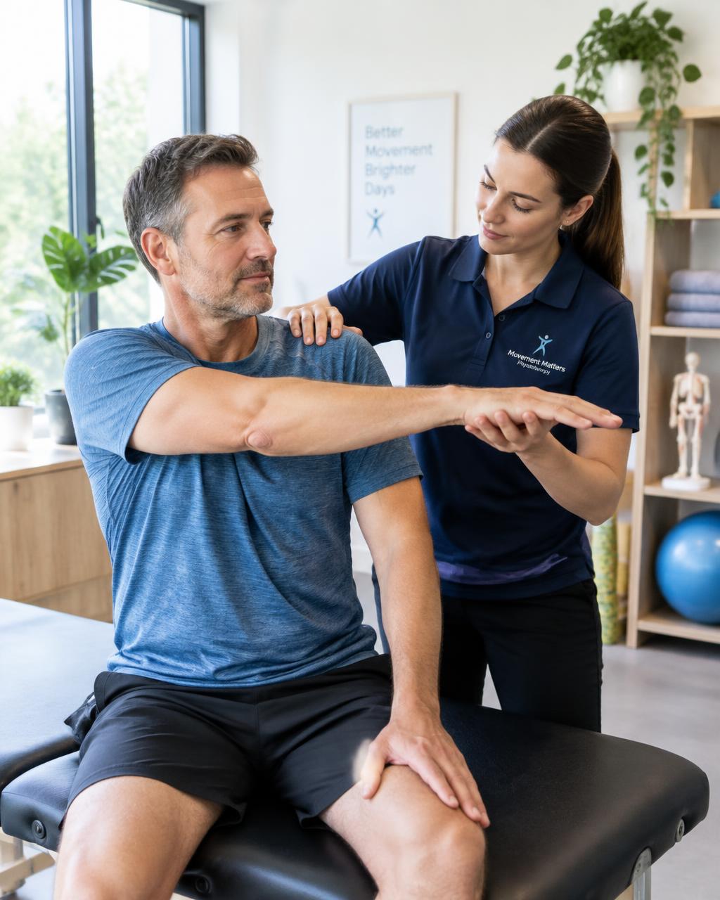 Therapist guiding a patient's shoulder stretch