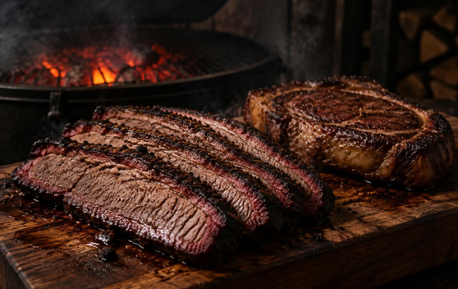 Sliced smoked brisket and a ribeye beside a glowing grill