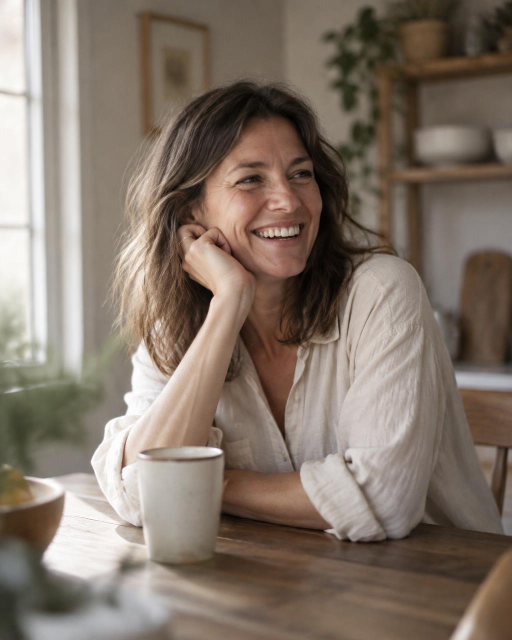 Coach Maren Holt smiling at a kitchen table