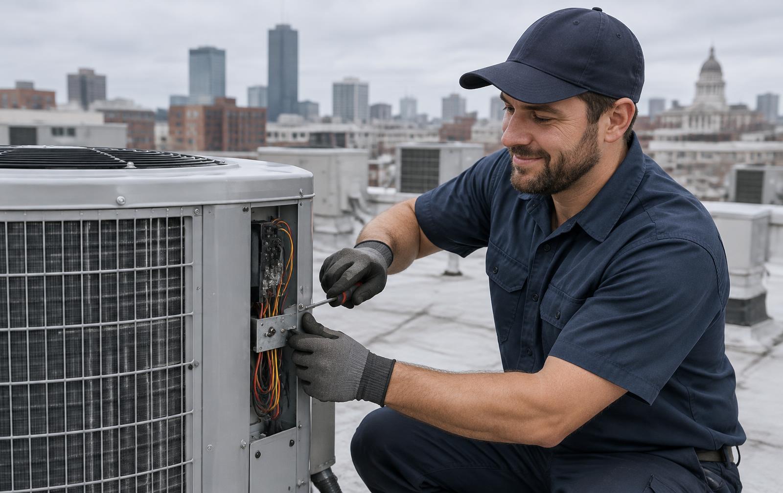 Technician servicing a rooftop air conditioning unit