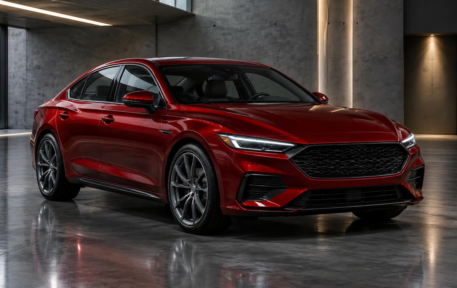 Red sedan in a concrete showroom
