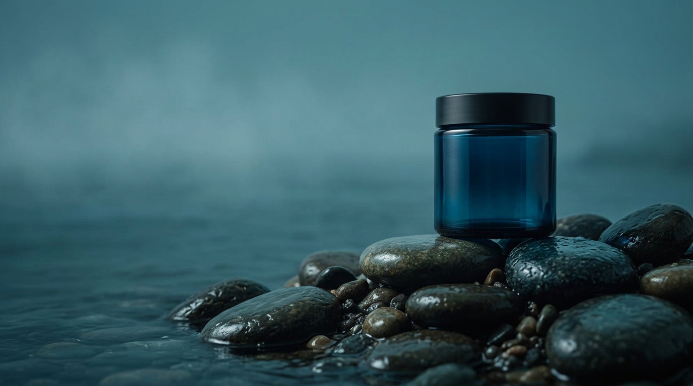 Deep blue supplement jar resting on wet sea stones