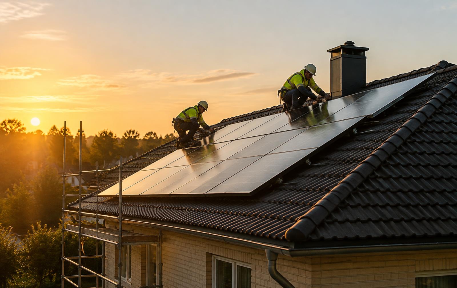 Installers fitting solar panels on a tiled roof at sunset
