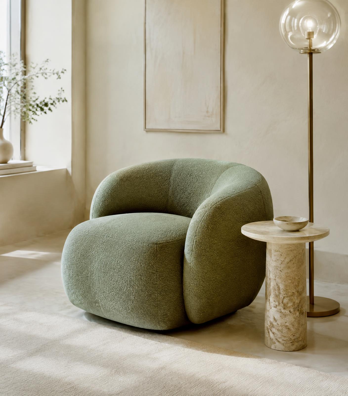 Sage bouclé lounge chair beside a travertine table and globe lamp