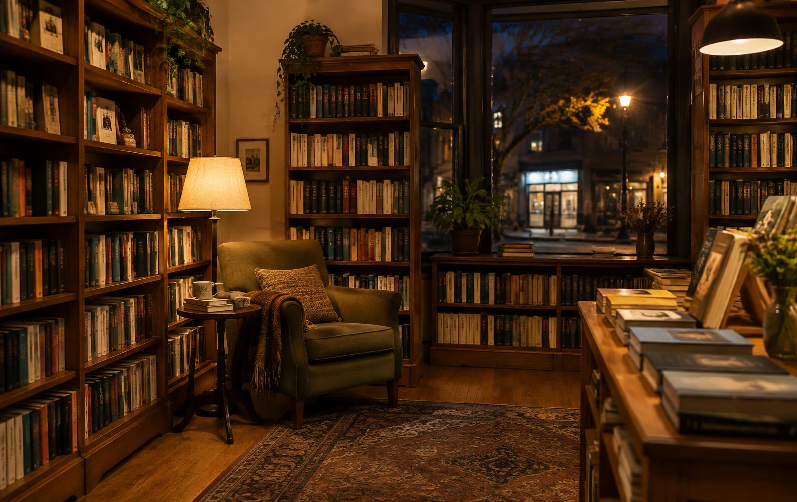 Warm bookstore interior at night