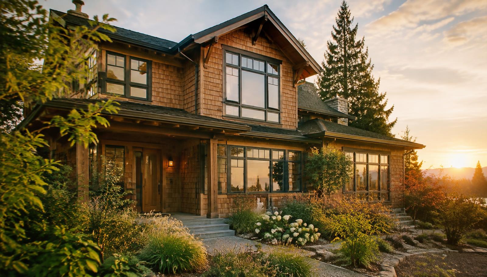 Craftsman home with cedar siding at sunset