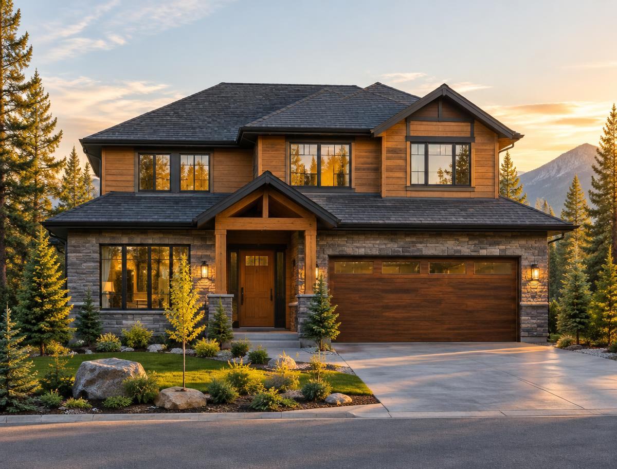 Two storey mountain modern home with a newly installed charcoal shingle roof