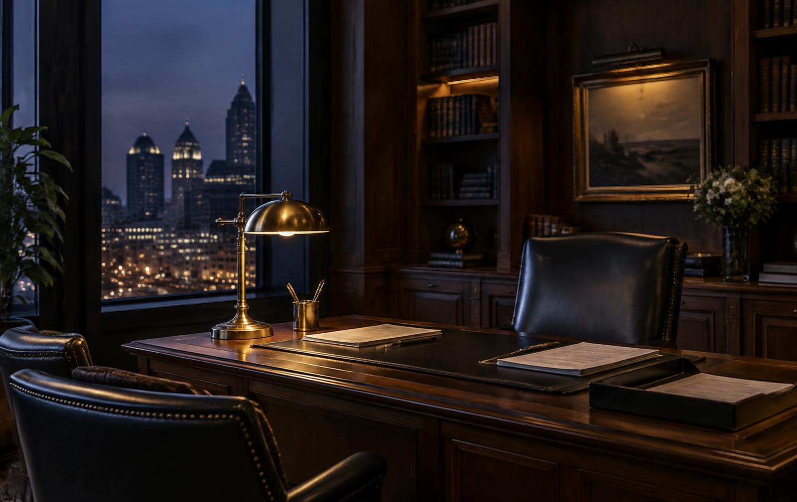 Quiet advisory office at dusk