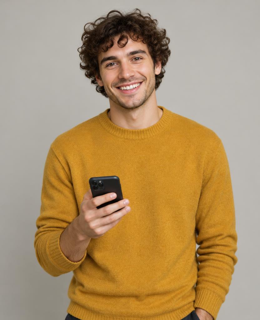Smiling Tasknest user holding a phone