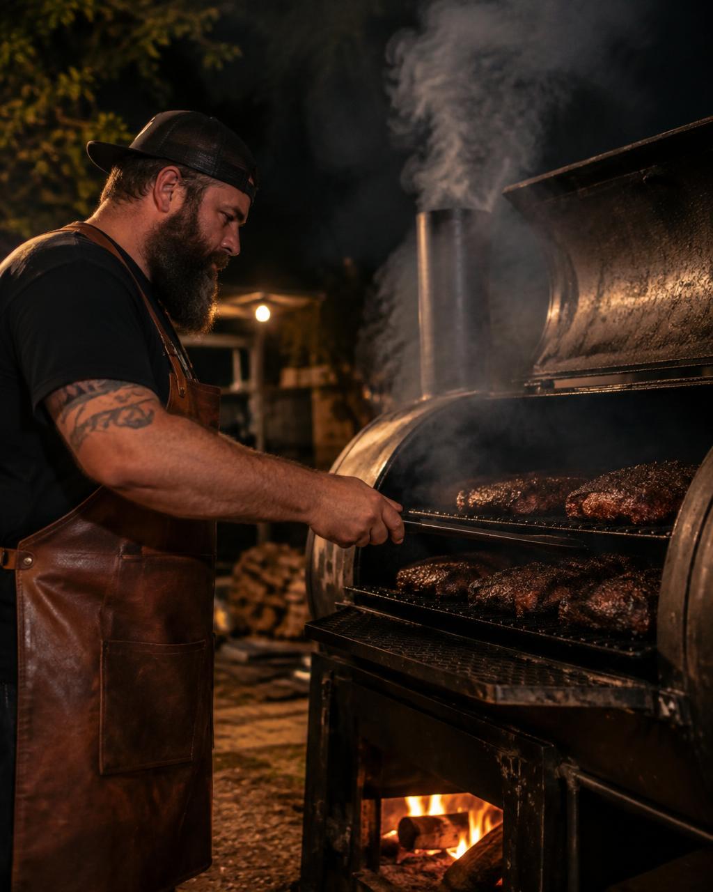 Pitmaster tending an offset smoker at night
