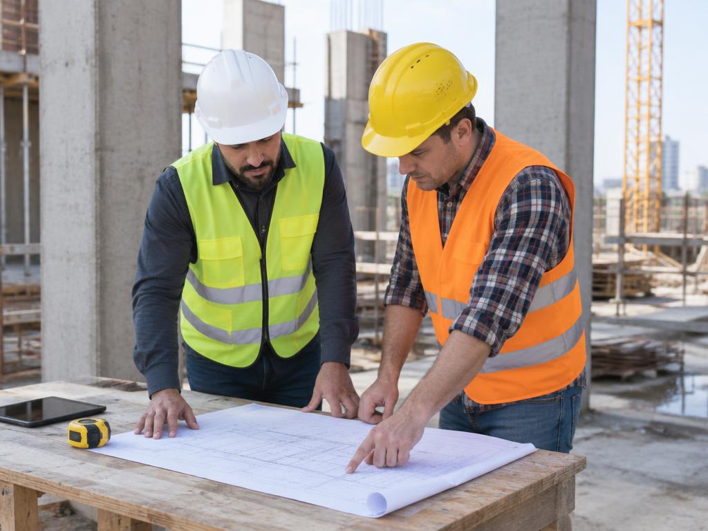 Builders reviewing blueprints on site
