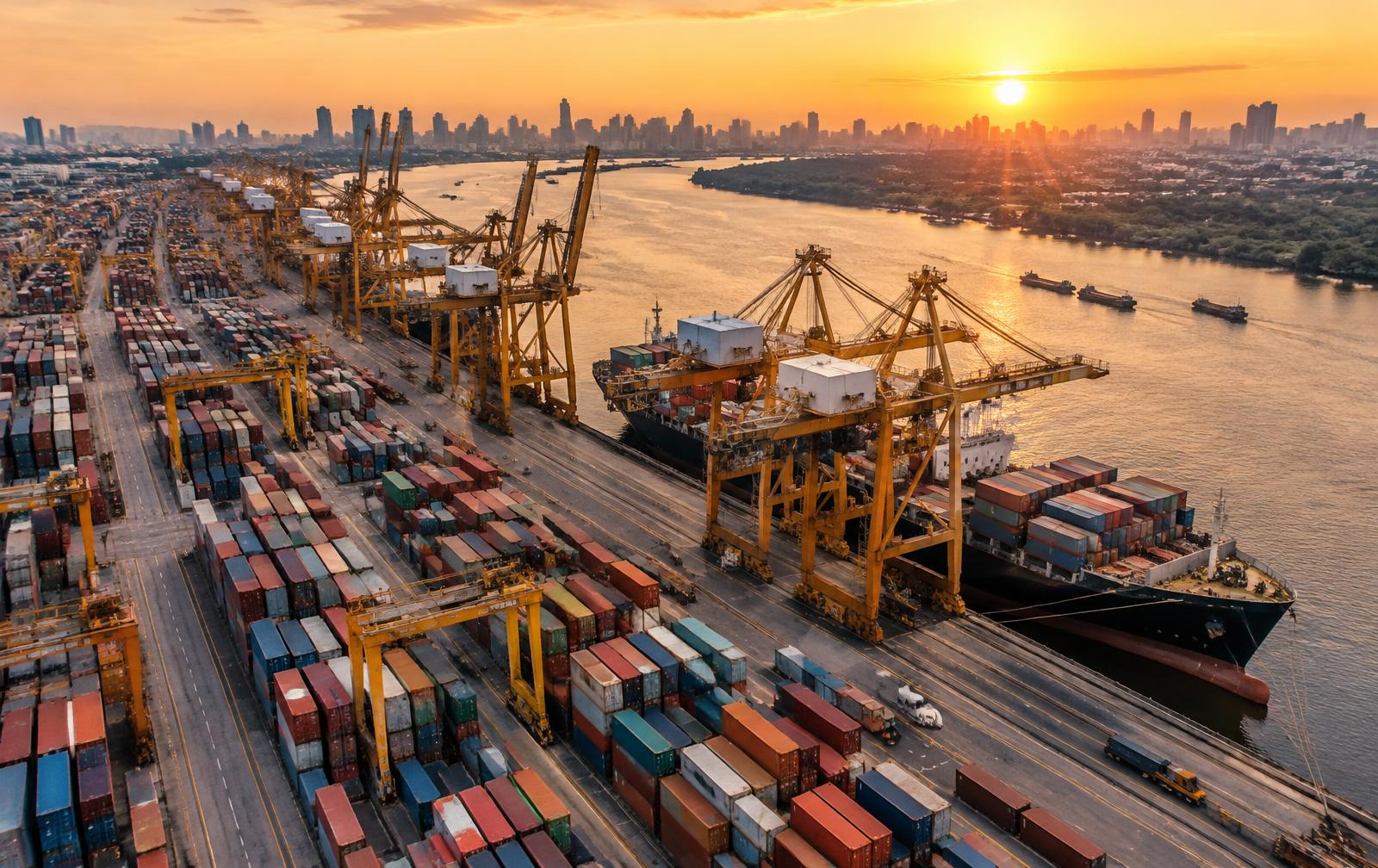 Container port with cranes and a cargo ship at sunset