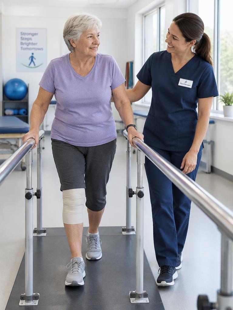 Patient walking between rehab bars