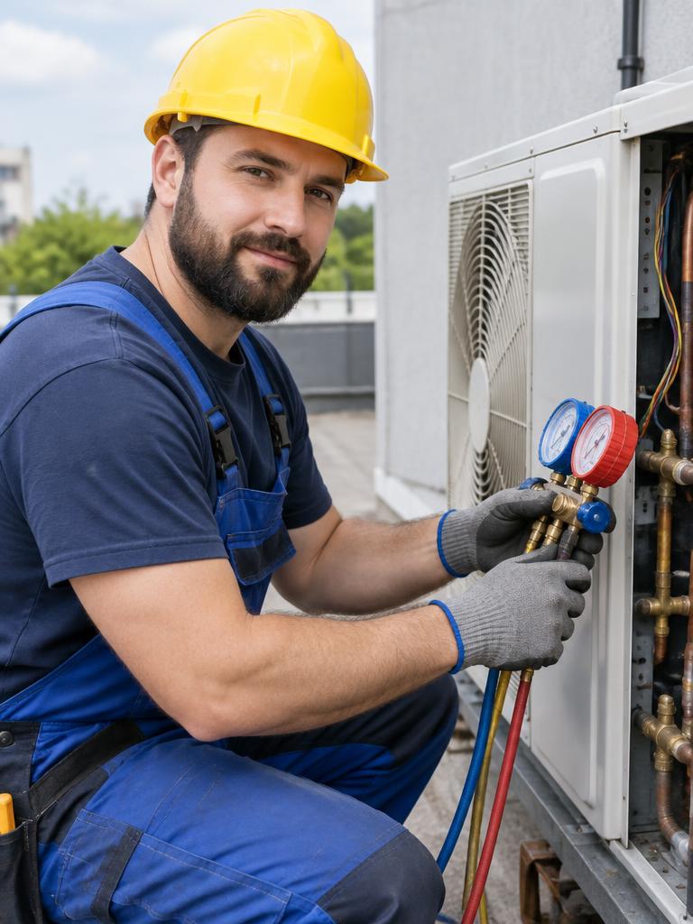 Technician servicing an outdoor unit