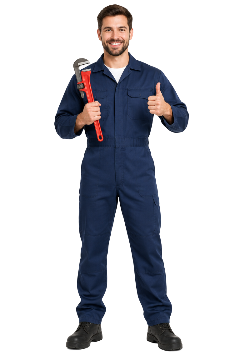 Smiling plumber holding a pipe wrench