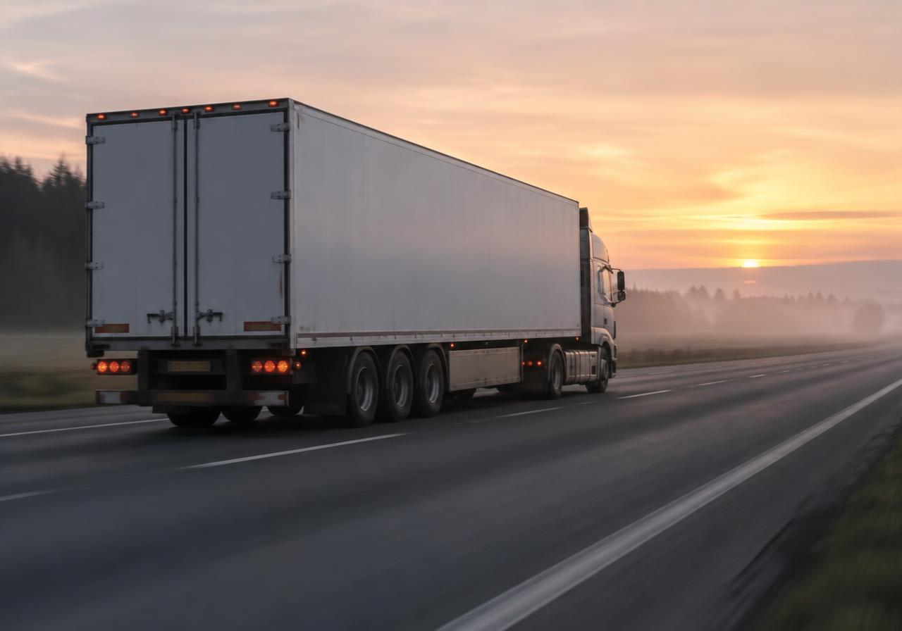 Unbranded truck on a highway at dawn