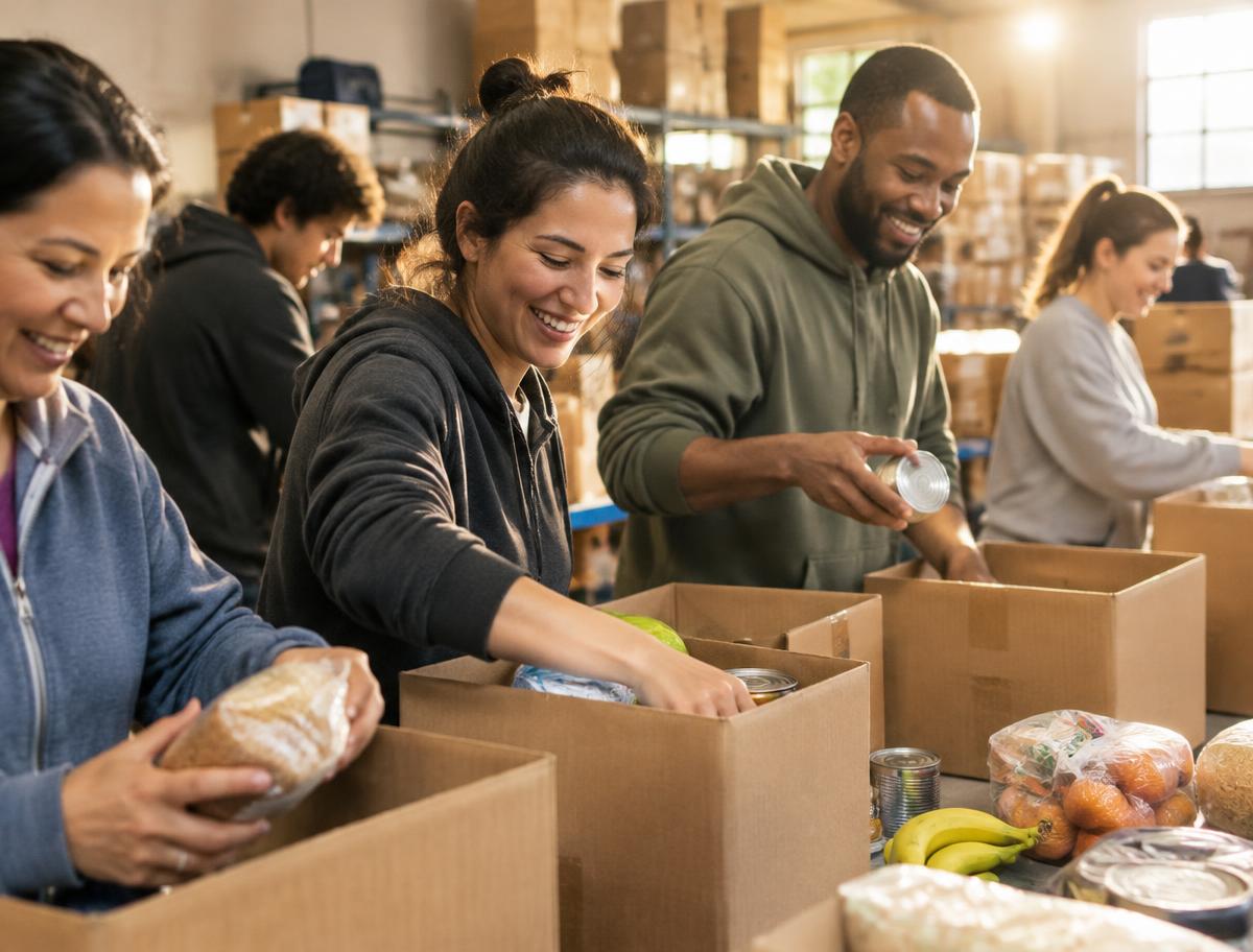 Volunteers packing supply boxes