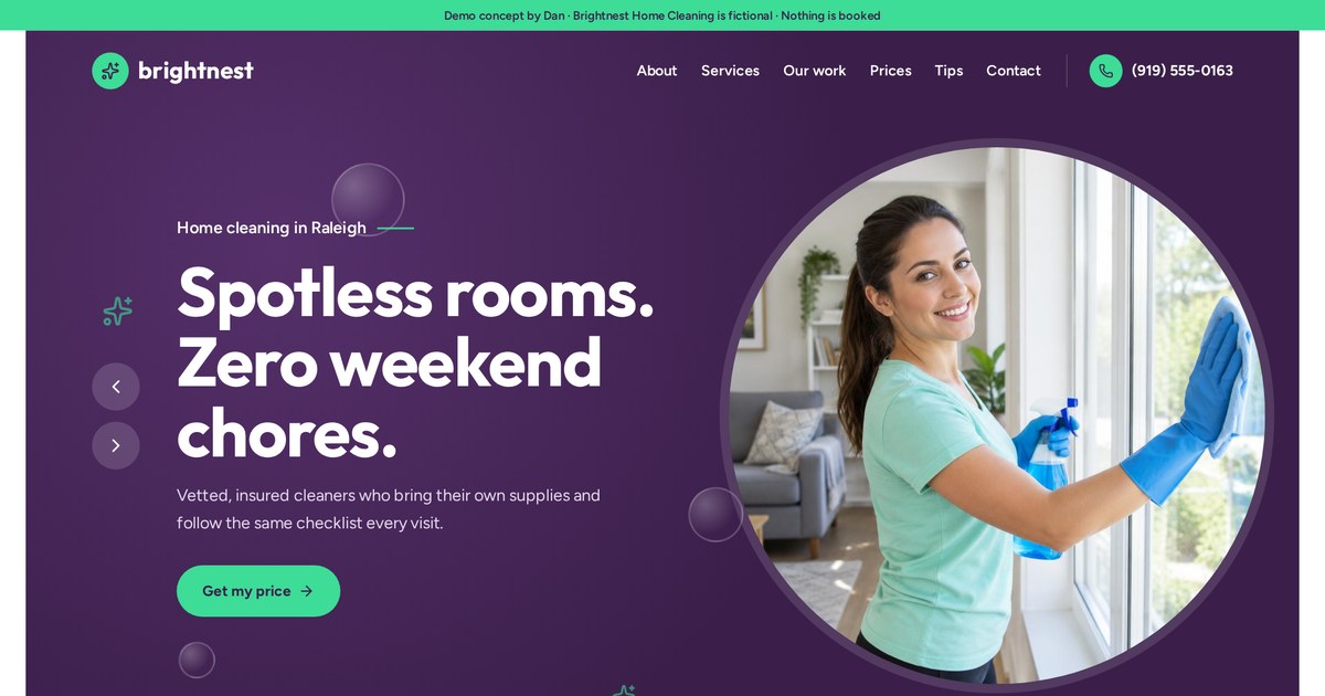 Brightnest Home Cleaning, house cleaning demo built by Dan