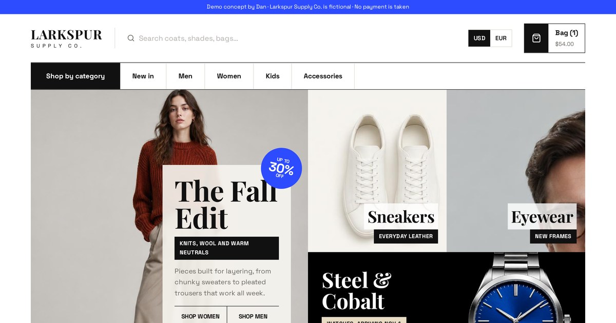 Larkspur Supply Co., online store demo built by Dan