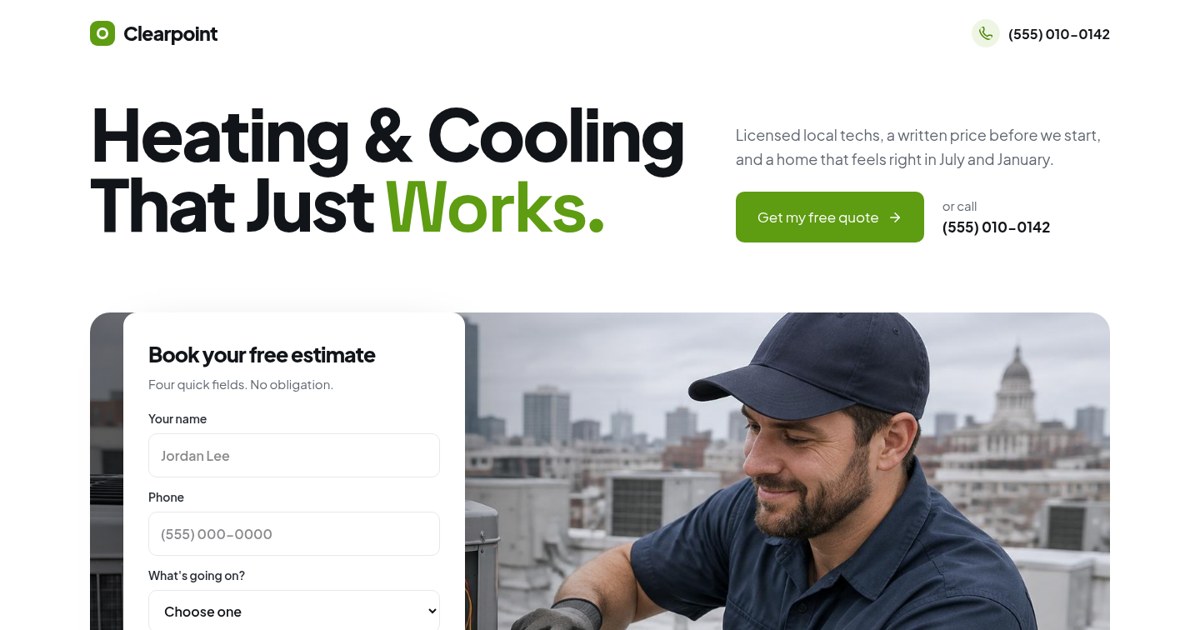Clearpoint Comfort Co., hvac landing page demo built by Dan