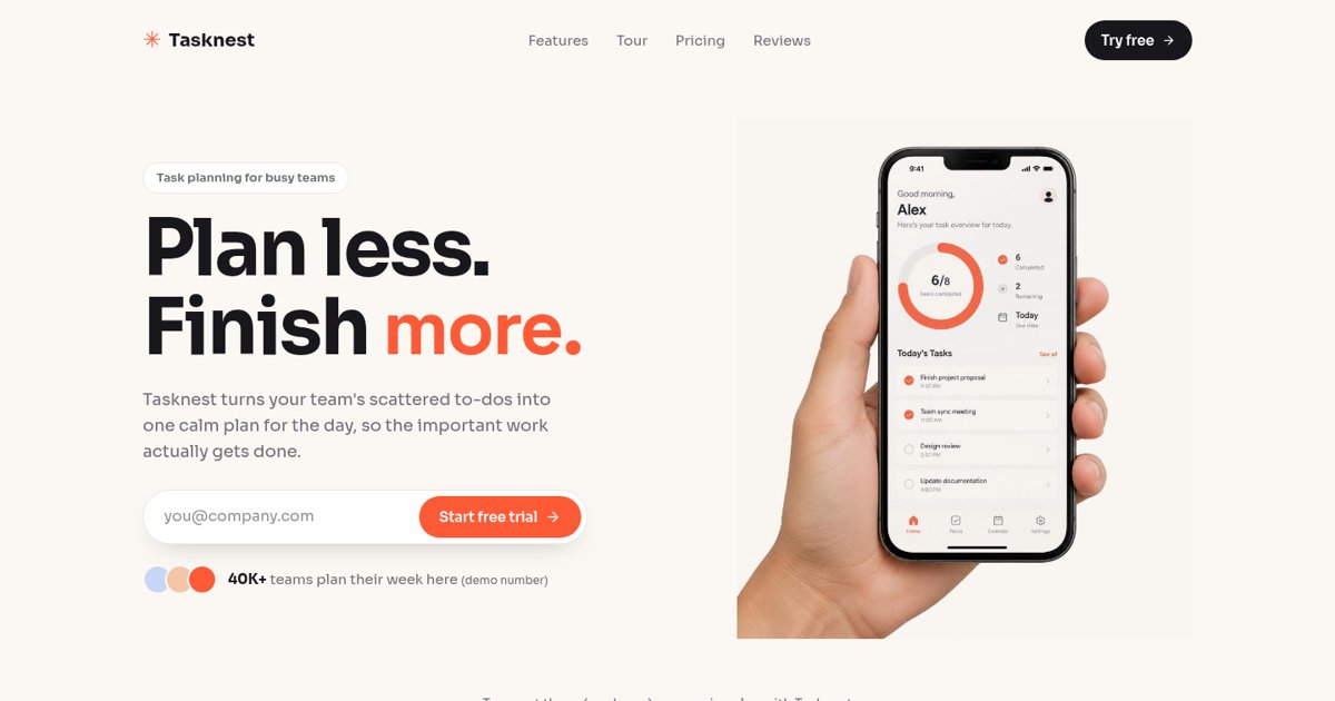 Tasknest, landing page demo built by Dan