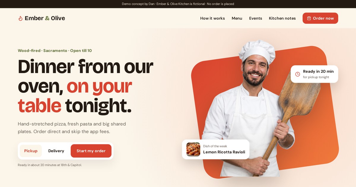 Ember & Olive Kitchen, website demo built by Dan