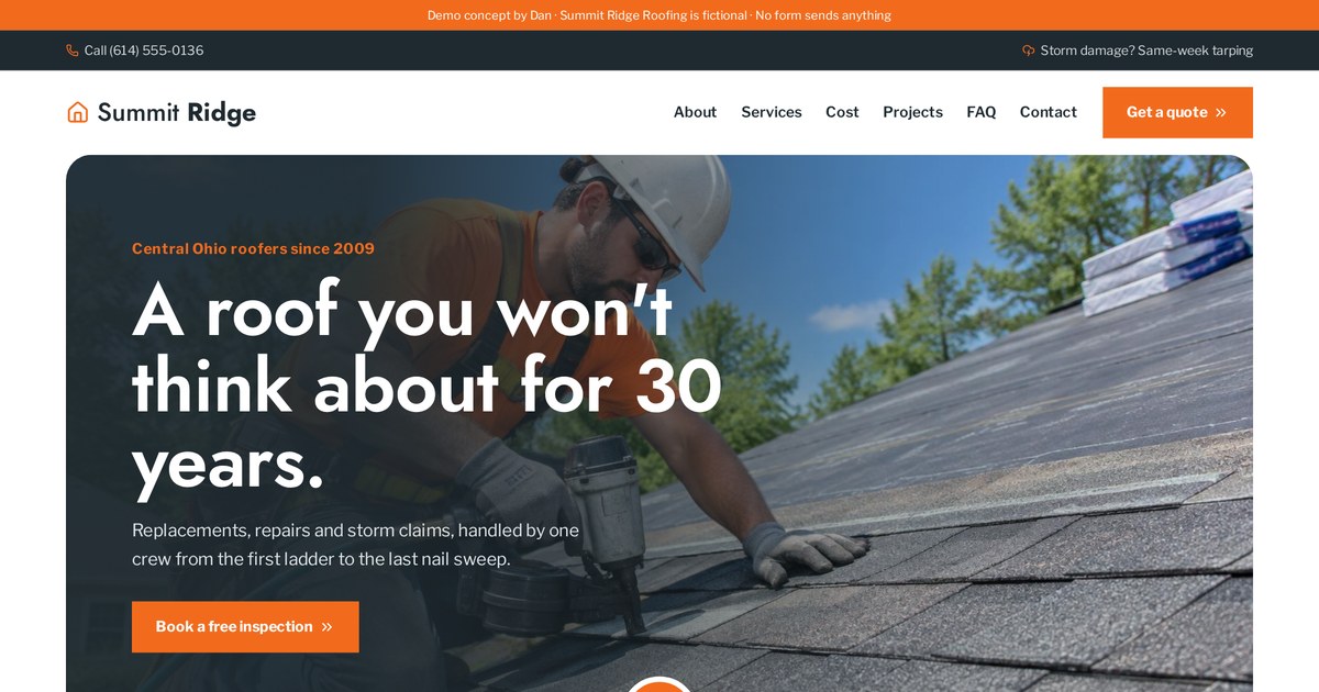 Ridgeline Roof Check funnel, live funnel demo built by Dan